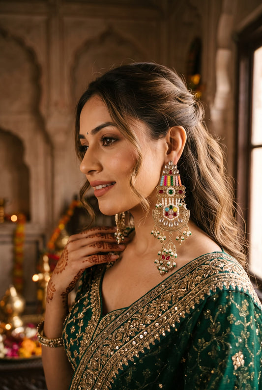 Bridal Look with Heavy Kundan Multicolor Chandbali Earrings