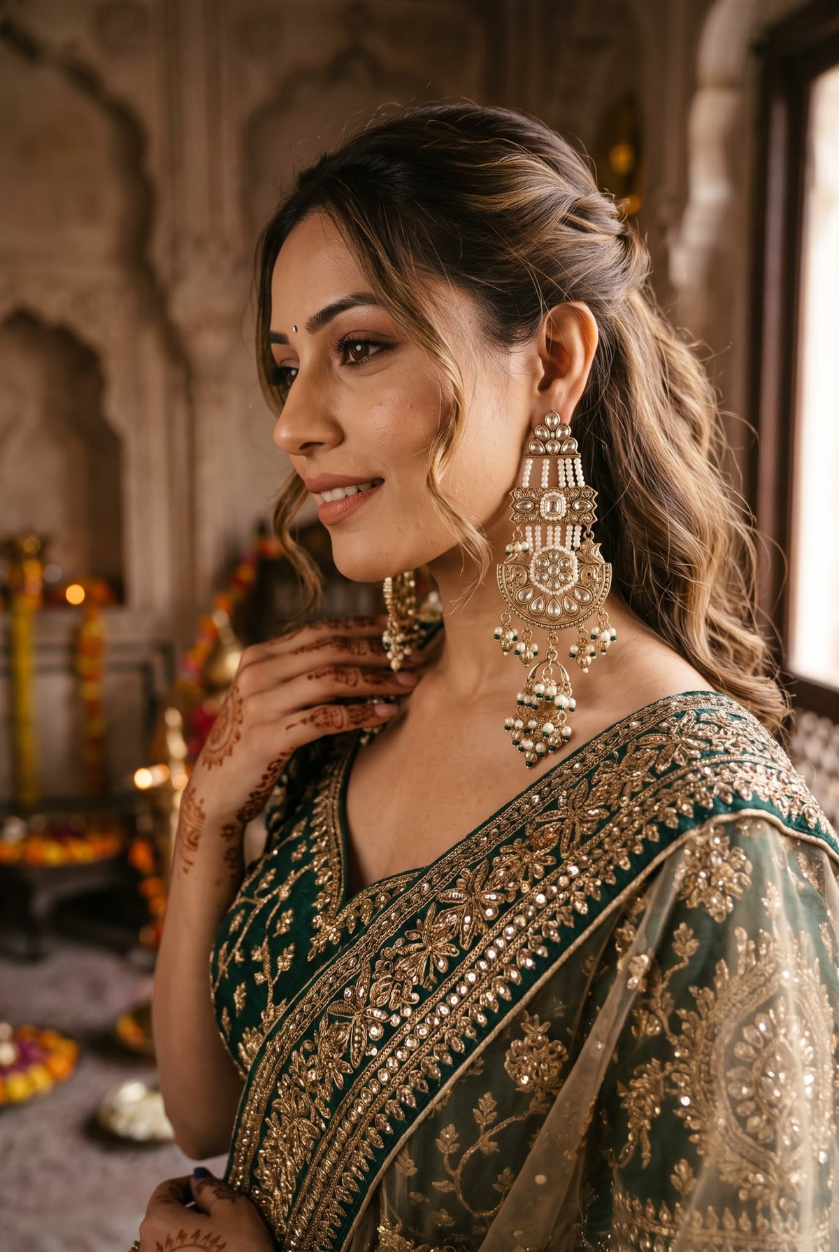 Bridal Look with Heavy Kundan Golden Chandbali Earrings in Berlin