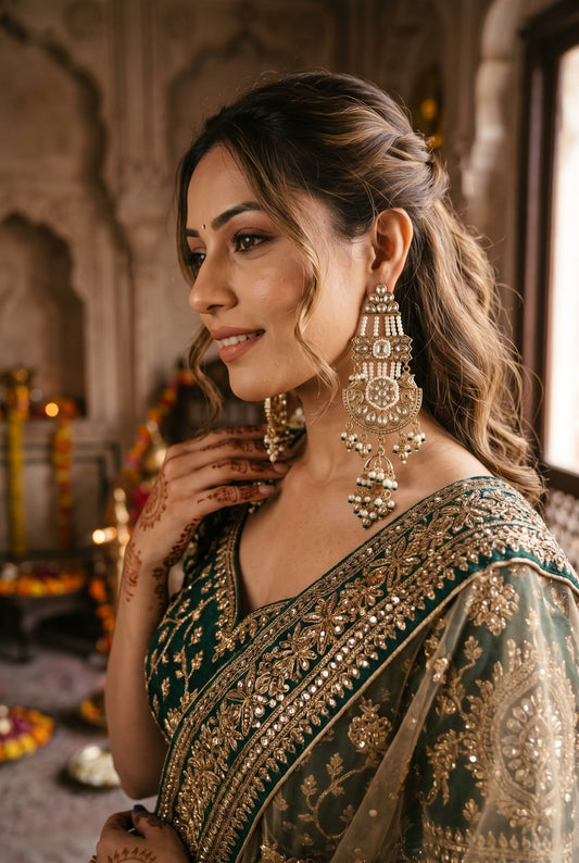 Bridal Look with Heavy Kundan Golden Chandbali Earrings in Berlin