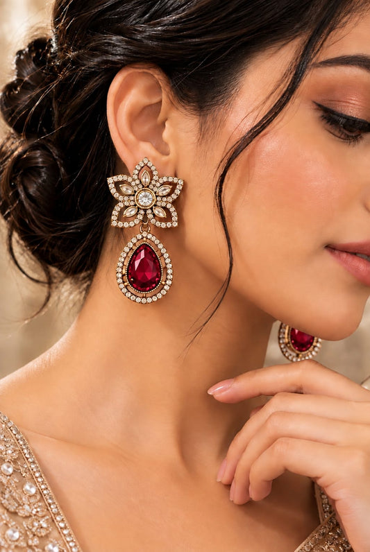 Bridal Ruby Kundan Deep Red Dangler Earrings in Berlin