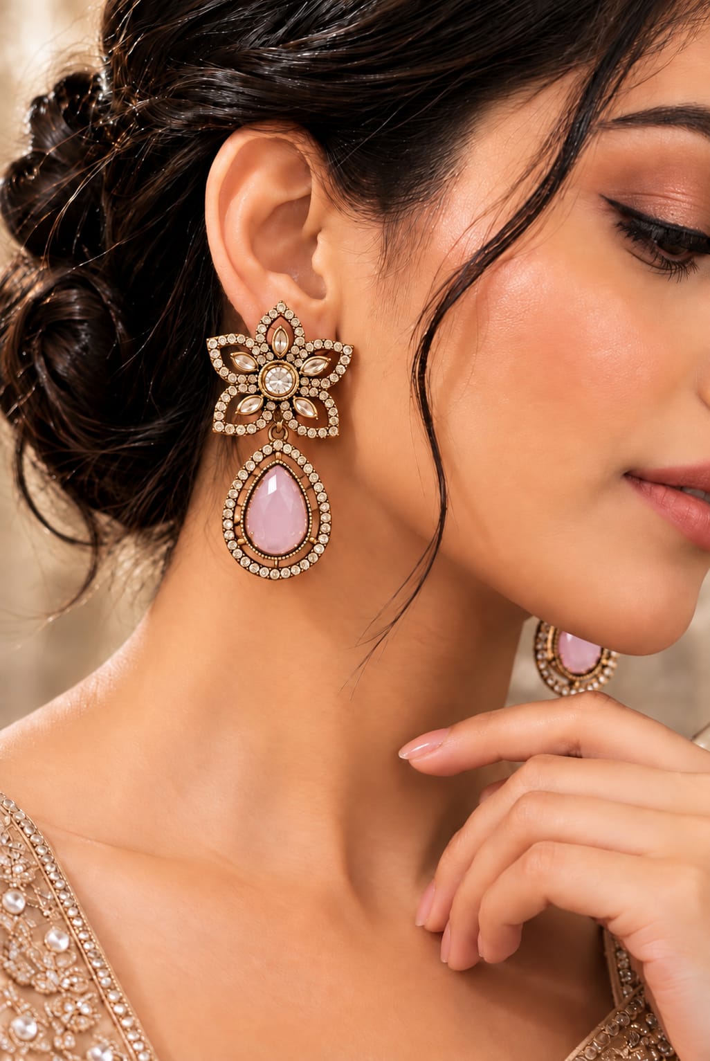 Bridal Ruby Kundan Light Pink Dangler Earrings in Berlin
