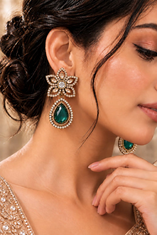 Bridal Ruby Kundan Dark Green Dangler Earrings in Berlin