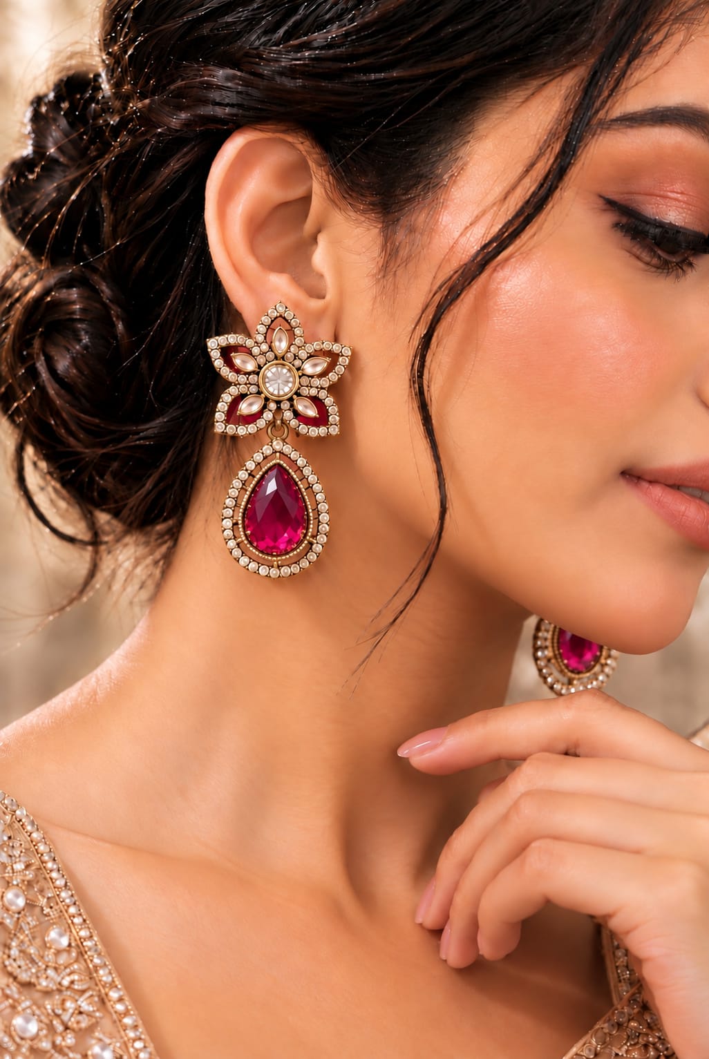 Bridal Ruby Kundan Magenta Dangler Earrings in Berlin