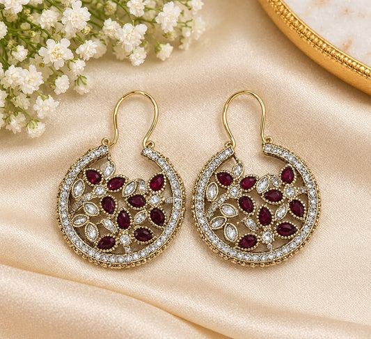 Gold-Plated Maroon Floral Crystal Hoop Earrings - Neha Couture Indian Fashion