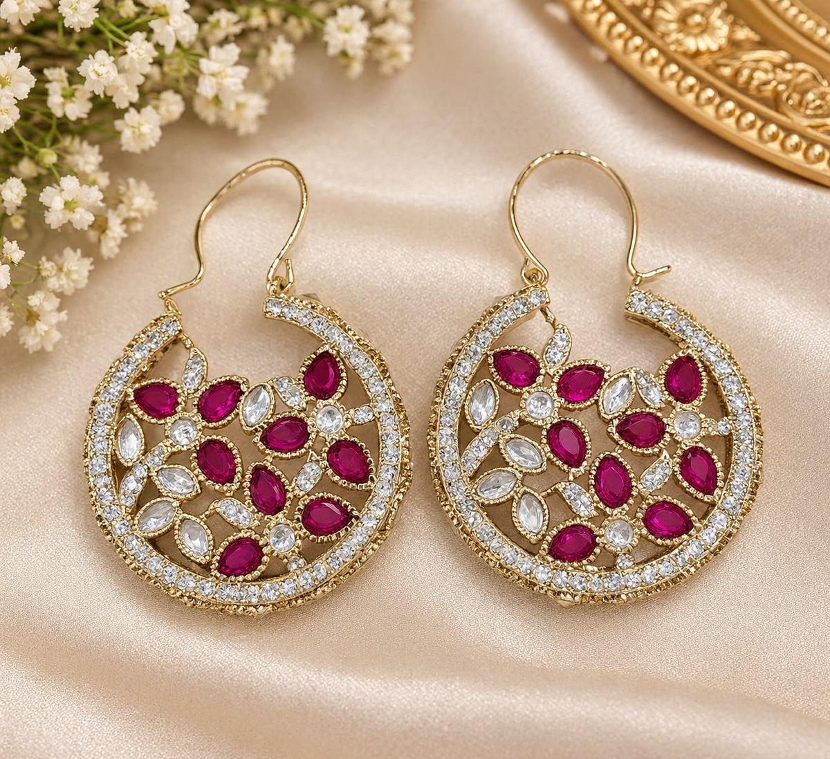Gold-Plated Dark Pink Floral Crystal Hoop Earrings in Germany