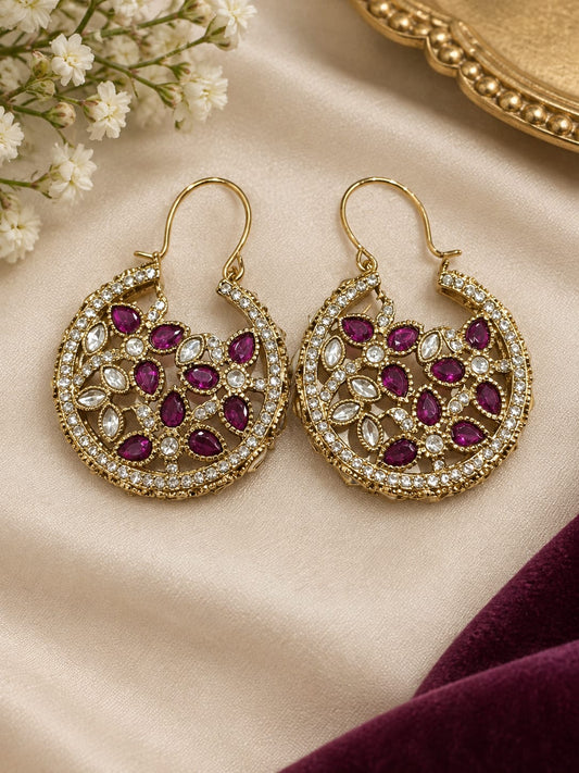 Gold-Plated Purple Floral Crystal Hoop Earrings - Neha Couture Indian Fashion