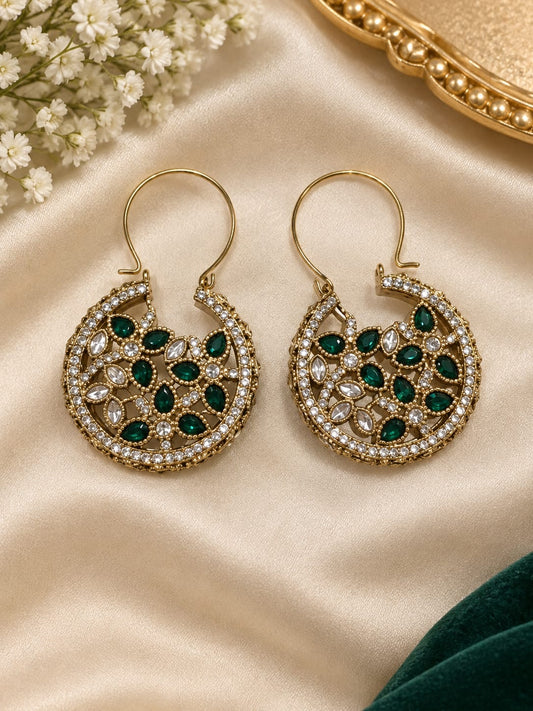Gold-Plated Dark Green Floral Crystal Hoop Earrings - Neha Couture Indian Fashion