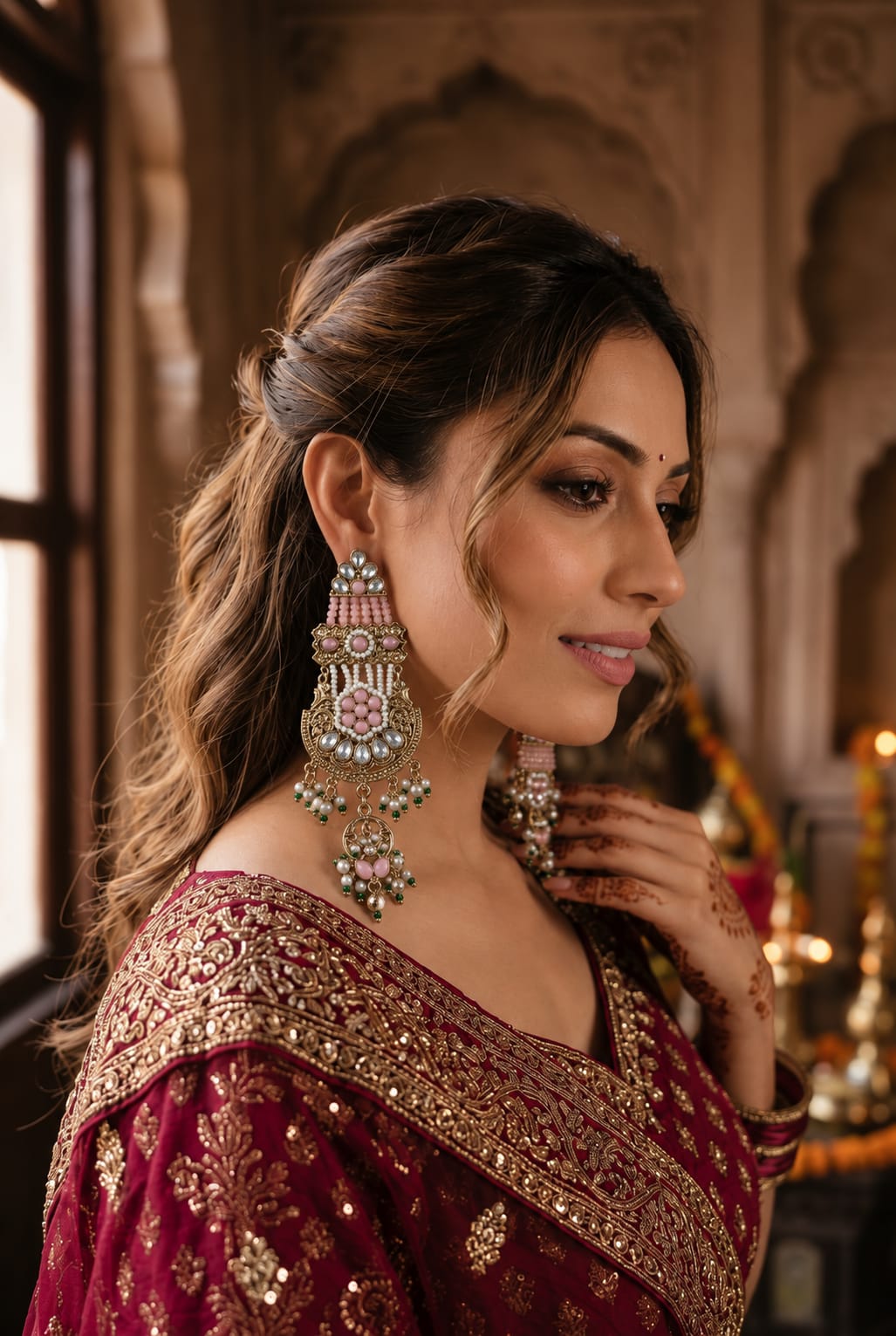 Elegant Rose Pink Kundan & Pearl Chandbali Chandelier Earrings in Germany
