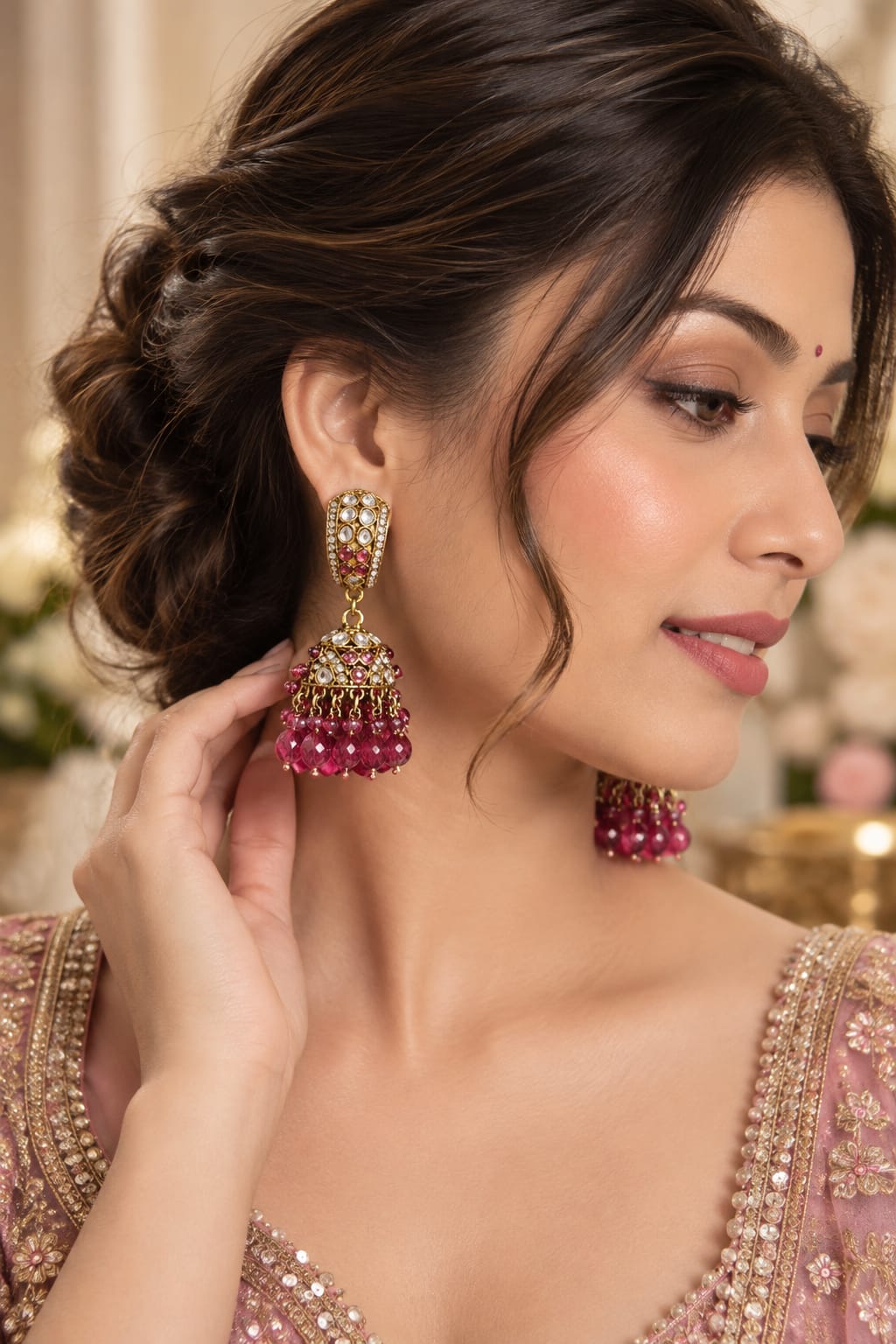 Traditional Kundan & Pink Bead Jhumka Earrings in Berlin