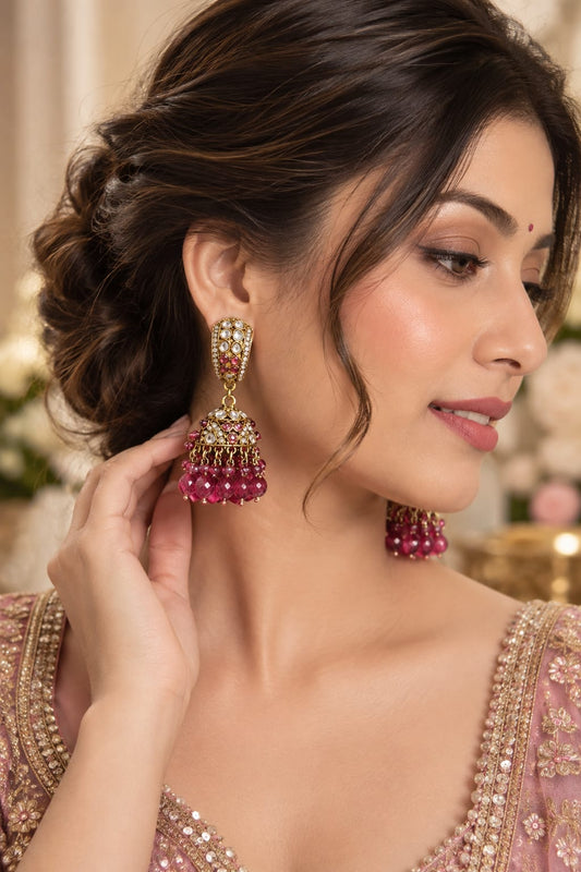 Traditional Kundan & Pink Bead Jhumka Earrings in Berlin