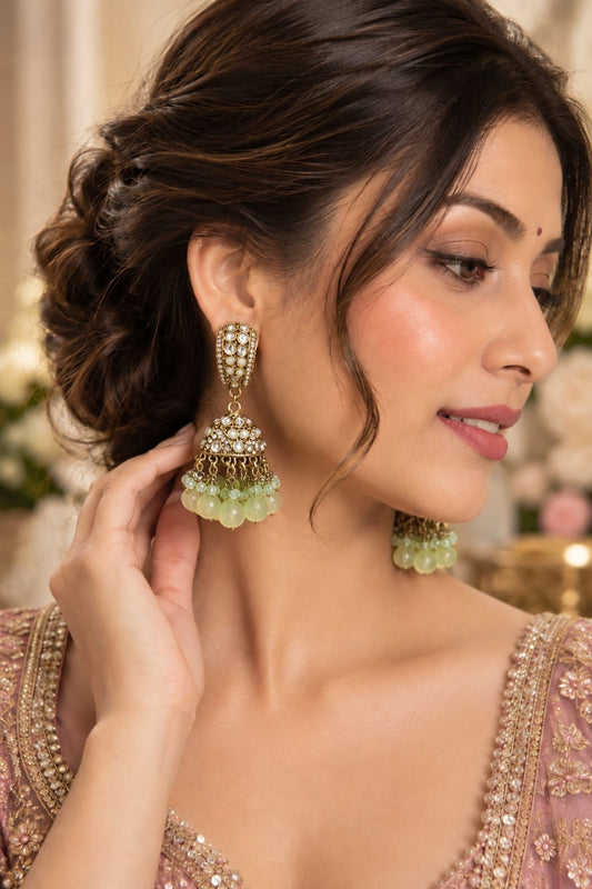 Traditional Kundan & Light Green Bead Jhumka Earrings in Berlin