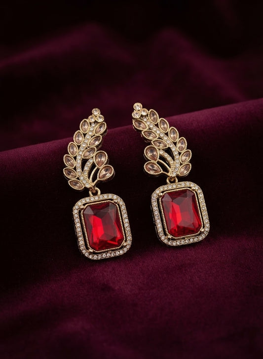 Antique Gold-Plated Emerald-Cut Ruby Red Drop Earrings in Berlin