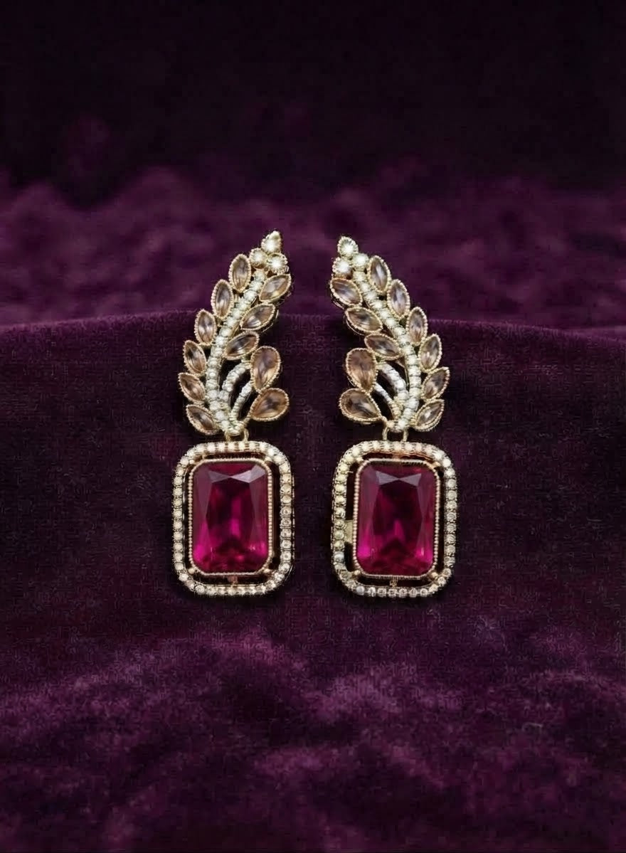 Antique Gold-Plated Emerald-Cut Dark Pink Drop Earrings in Berlin