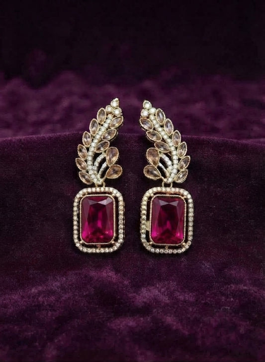 Antique Gold-Plated Emerald-Cut Dark Pink Drop Earrings in Berlin