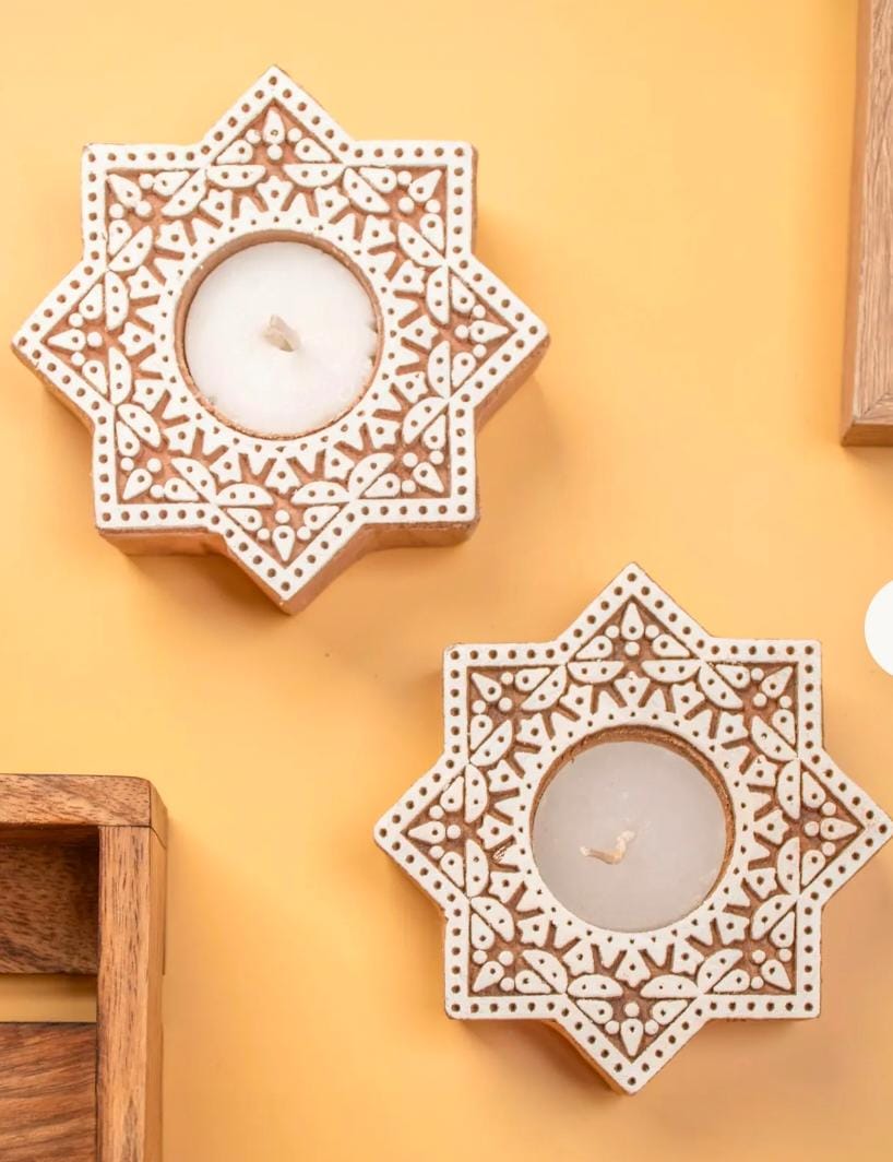 Hand Carved Wood Star Tealight Holder, Diwali Decor in Germany
