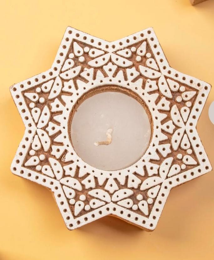 Hand Carved Wood Star Tealight Holder, Diwali Decor in Germany