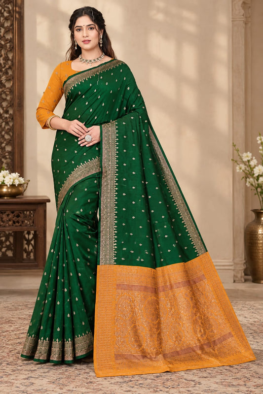 Dark Green Banarasi / South Silk Saree with Contrasting Yellow Zari Border in Germany