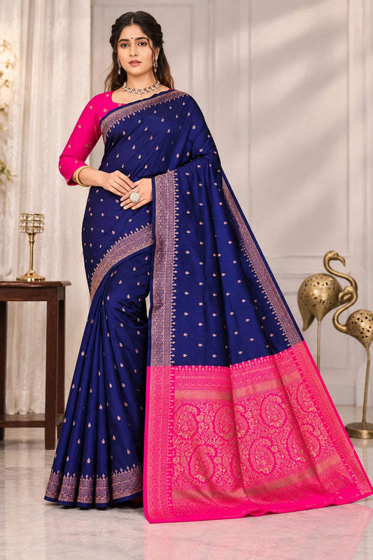 Elegant Navy Blue and Pink Traditional Zari Banarasi Silk Saree in Germany