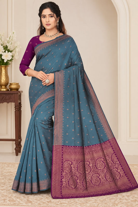 Teal Blue Banarasi Silk Blend Saree front drape view - Neha Couture Berlin