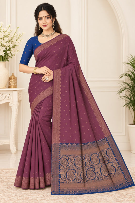 Mauve Banarasi Cotton Silk Saree with Royal Blue Blouse front drape view - Neha Couture Berlin