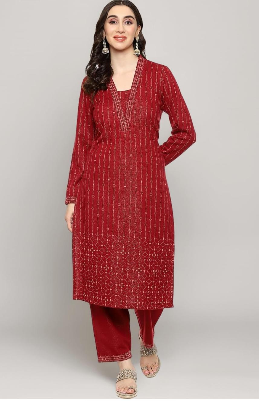 Maroon Cotton Blend Straight Printed Kurta Palazzo Suit Set For Women in Germany