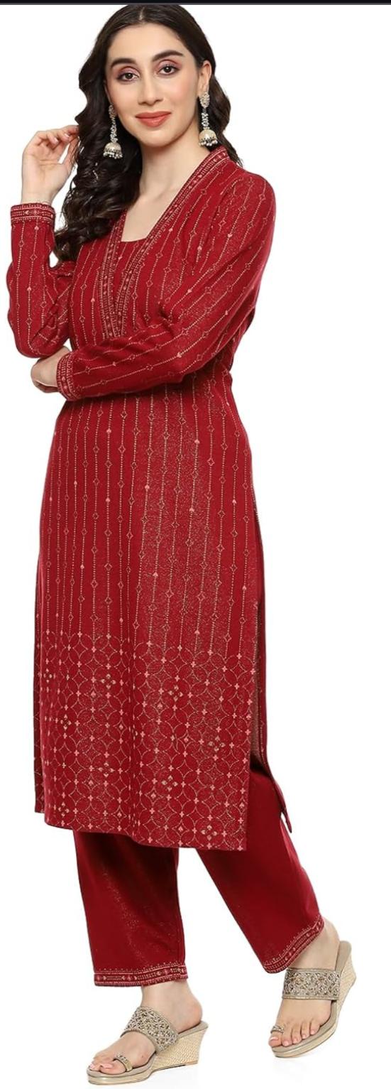 Maroon Cotton Blend Straight Printed Kurta Palazzo Suit Set For Women in Germany