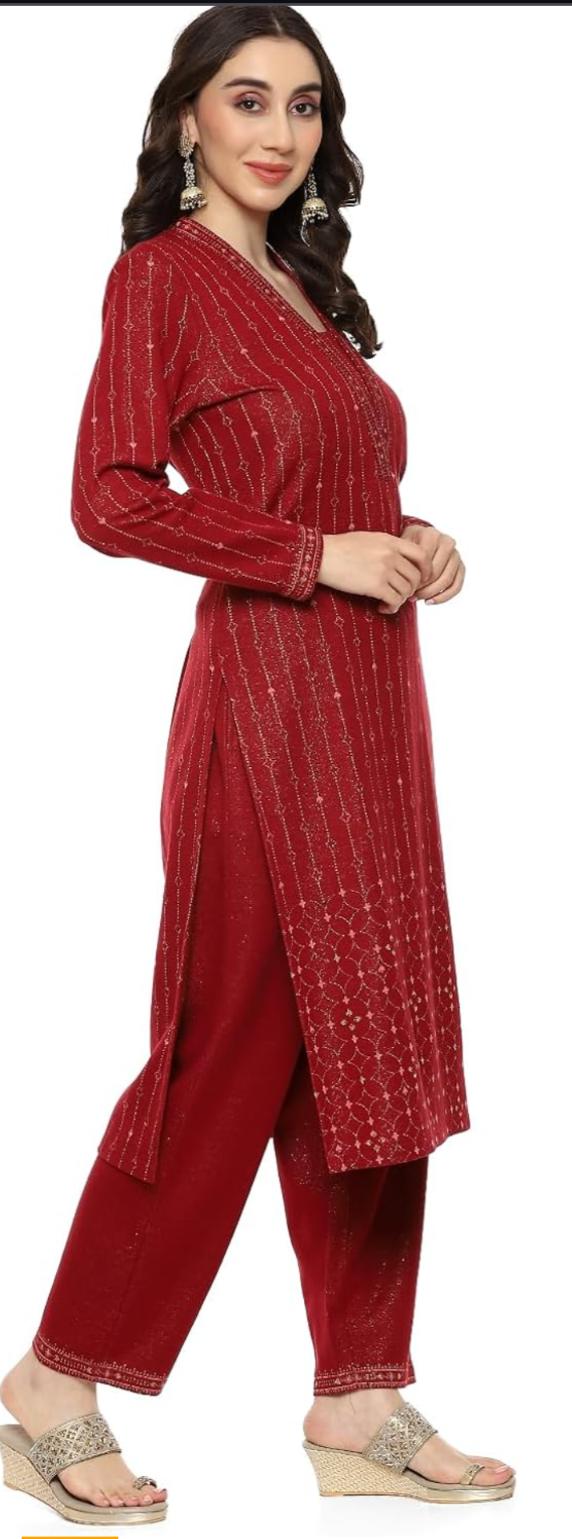 Maroon Cotton Blend Straight Printed Kurta Palazzo Suit Set For Women in Germany