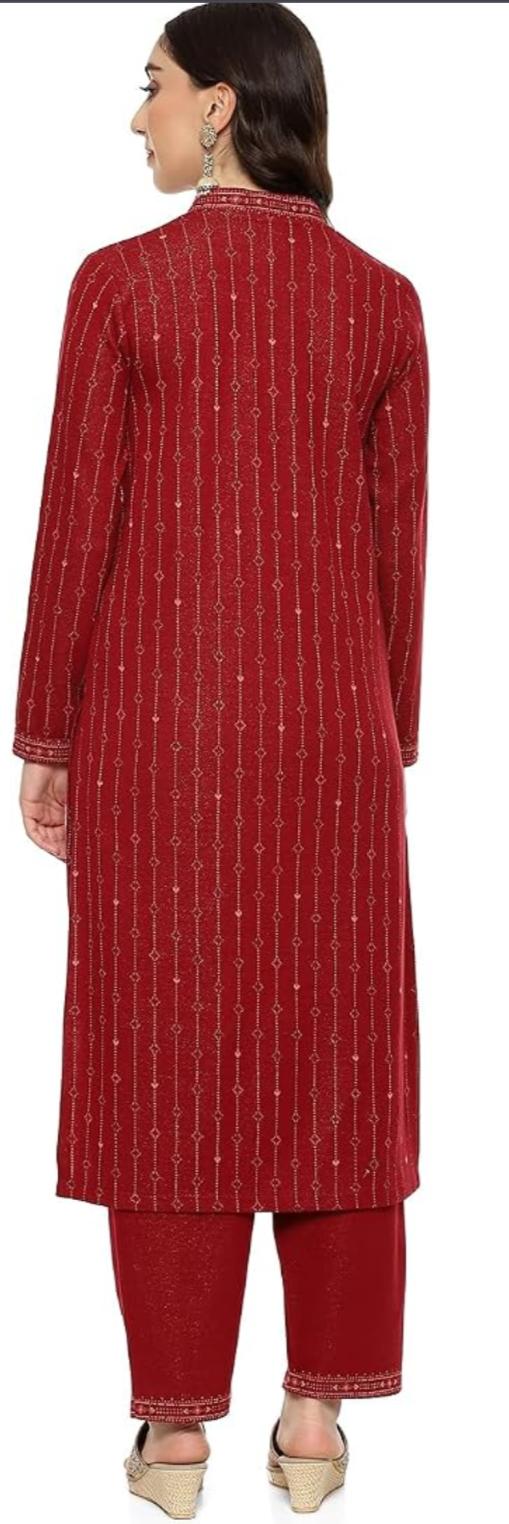 Maroon Cotton Blend Straight Printed Kurta Palazzo Suit Set For Women in Germany
