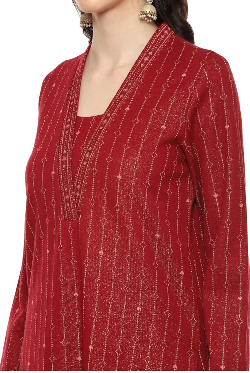Maroon Cotton Blend Straight Printed Kurta Palazzo Suit Set For Women in Germany