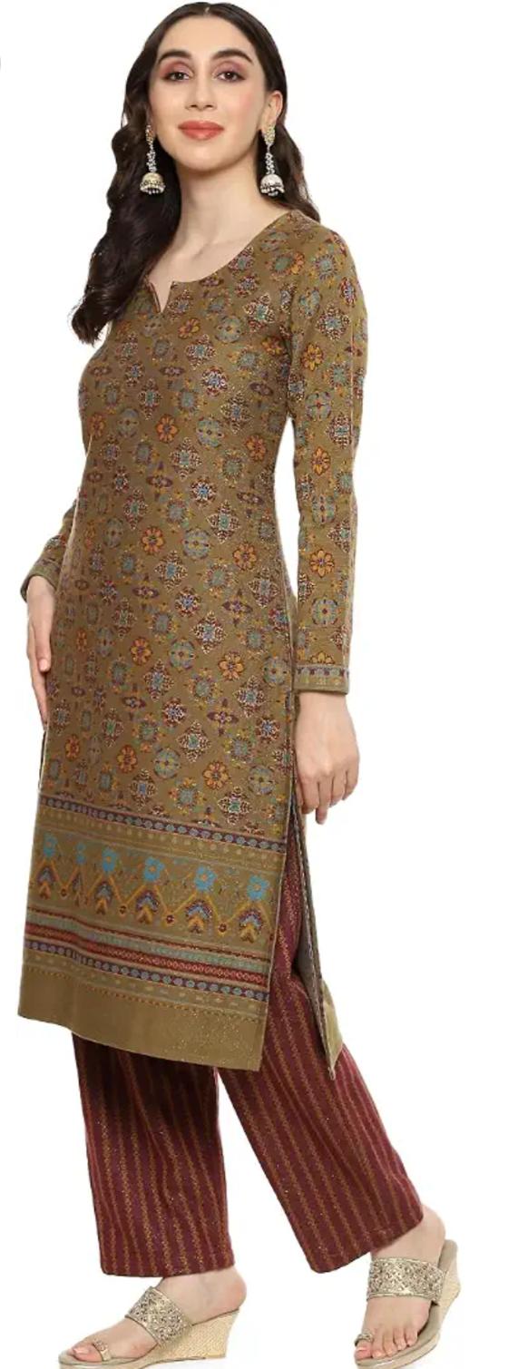 Olive Jacquard Straight Yarndyed Kurta Palazzo Suit Set For Women in Germany