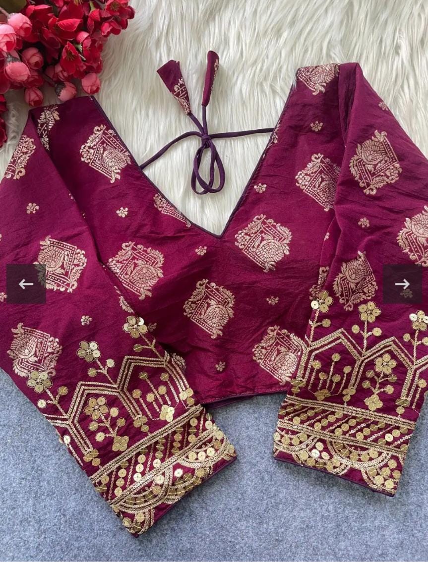 Deep Magenta Silk-Blend Saree Blouse with Heavy Gold Zari Floral Embroidery & Back Tie-Up in Germany