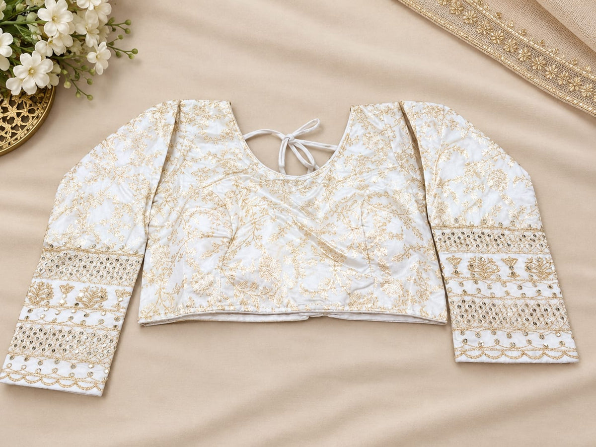 White Silk-Blend Saree Blouse with Heavy Gold Zari Floral Embroidery & Back Tie-Up in Germany