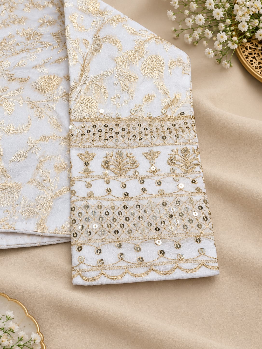 White Silk-Blend Saree Blouse with Heavy Gold Zari Floral Embroidery & Back Tie-Up in Germany