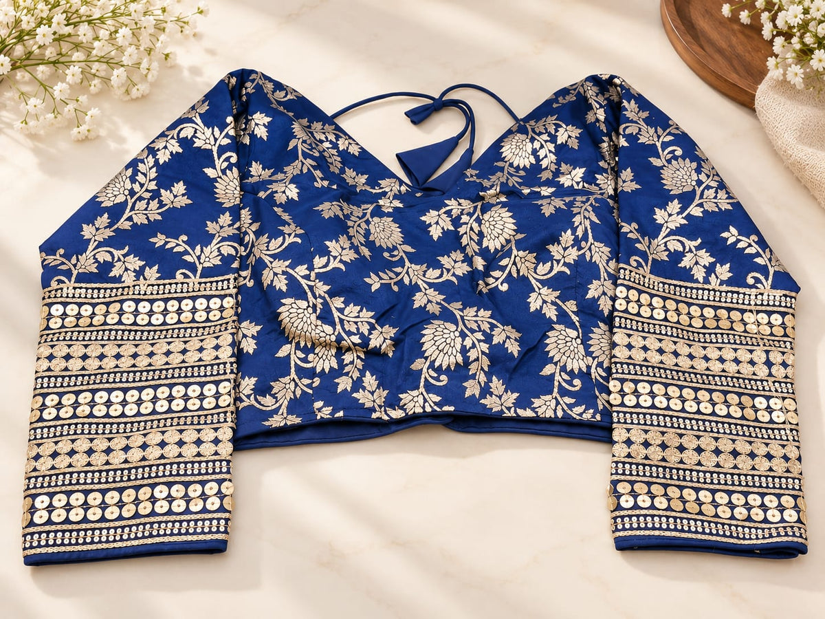 Blue Silk-Blend Saree Blouse with Heavy Gold Zari Floral Embroidery & Back Tie-Up in Germany