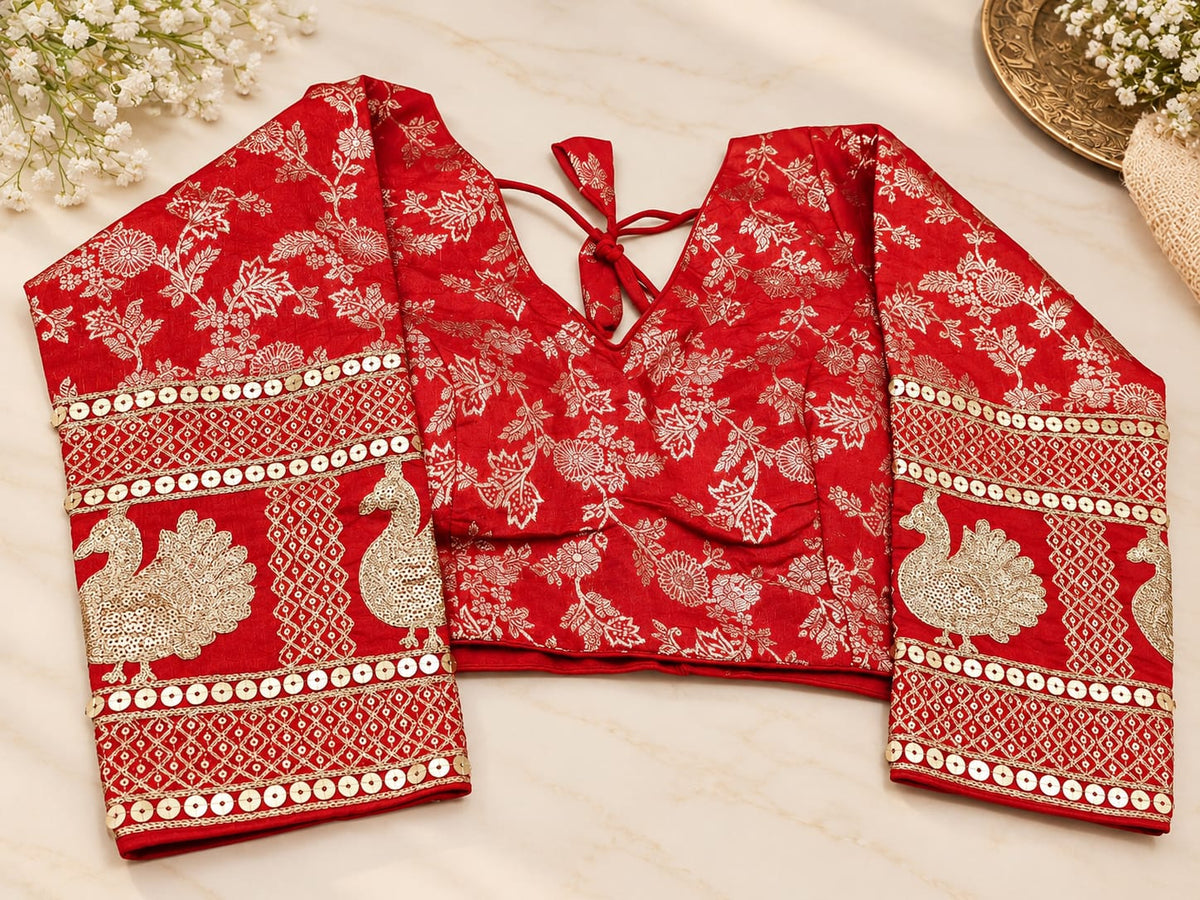 Red Jacquard Silk Saree Blouse with Zari Embroidery in Germany