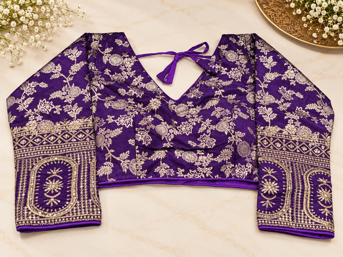 Purple Banarasi Brocade Embroidered Saree Blouse in Germany