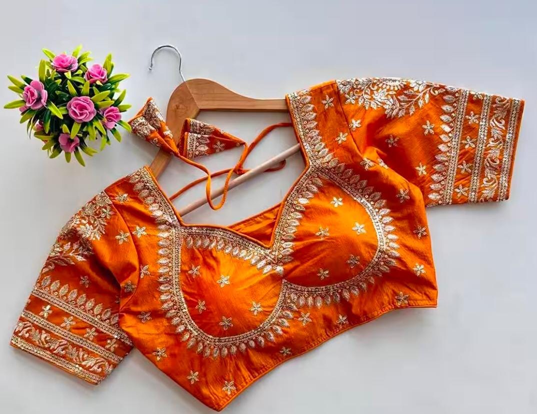 Orange soft silk gold zari embroidery Blouse in Germany