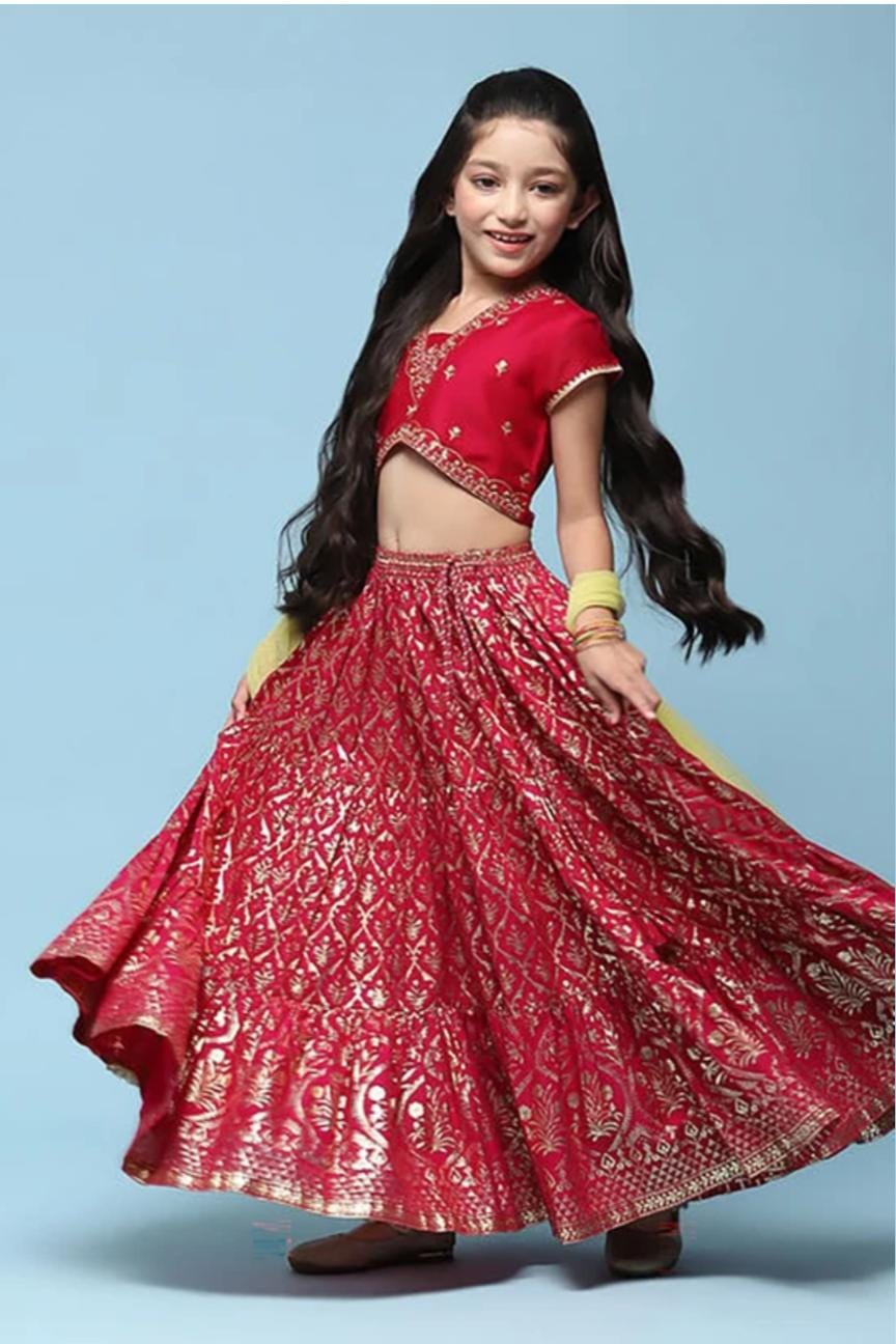 Girls Embroidered Flared Lehenga Choli Set with Dupatta in Fuchsia/Red in Germany