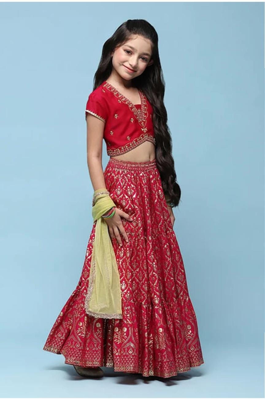 Girls Embroidered Flared Lehenga Choli Set with Dupatta in Fuchsia/Red in Germany