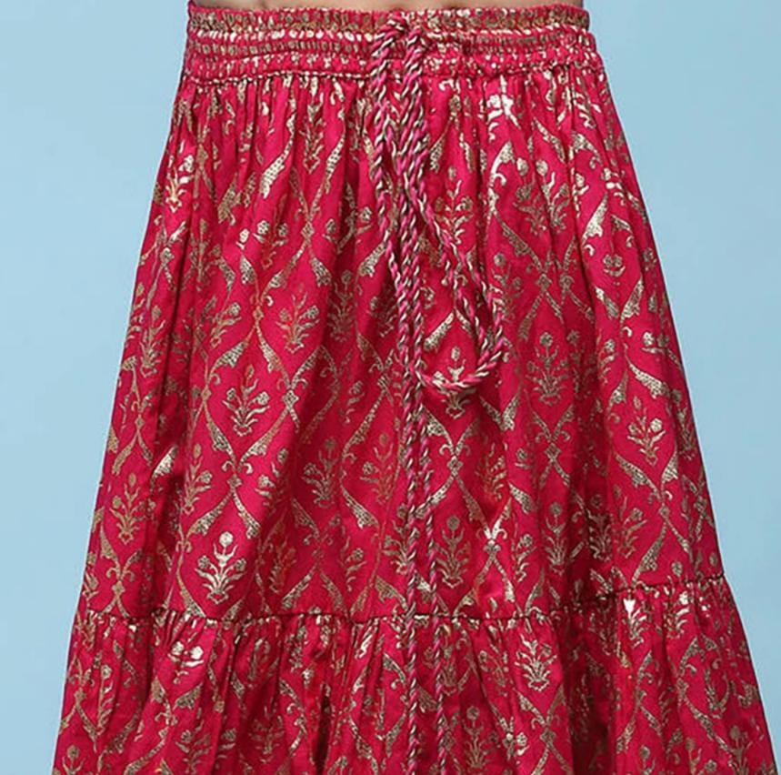 Girls Embroidered Flared Lehenga Choli Set with Dupatta in Fuchsia/Red in Germany