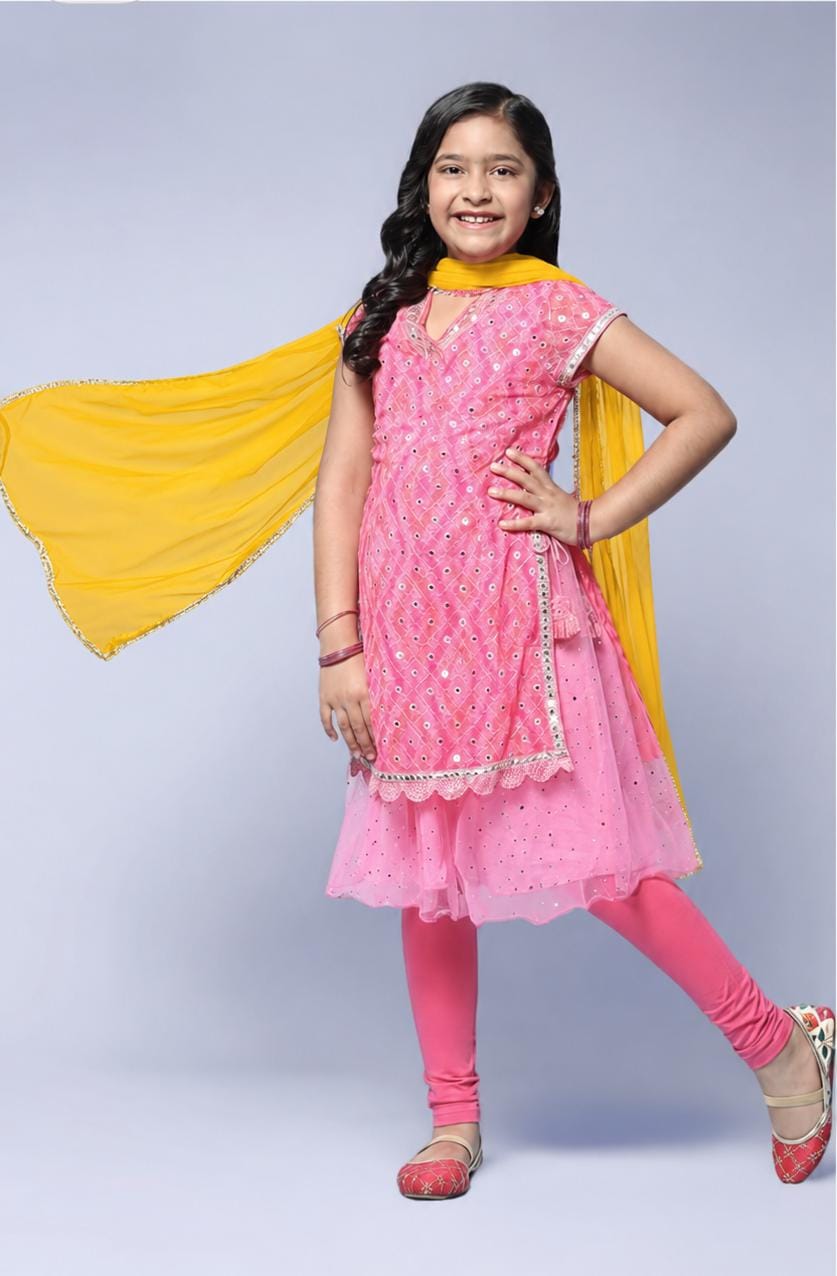 Girls Pink Layered Mirror Work Kurta Suit Set in Berlin