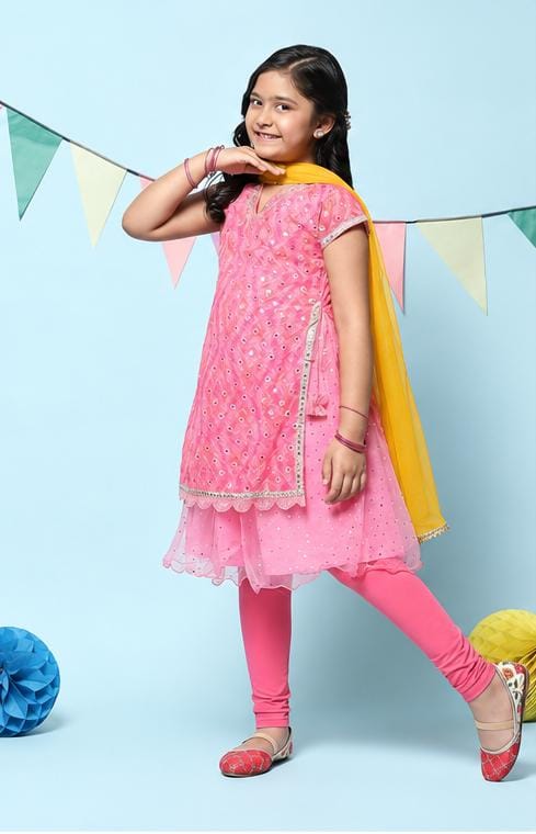 Girls Pink Layered Mirror Work Kurta Suit Set in Berlin
