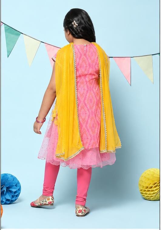 Girls Pink Layered Mirror Work Kurta Suit Set in Berlin