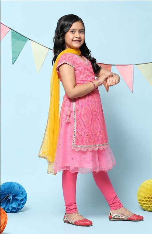 Girls Pink Layered Mirror Work Kurta Suit Set in Berlin