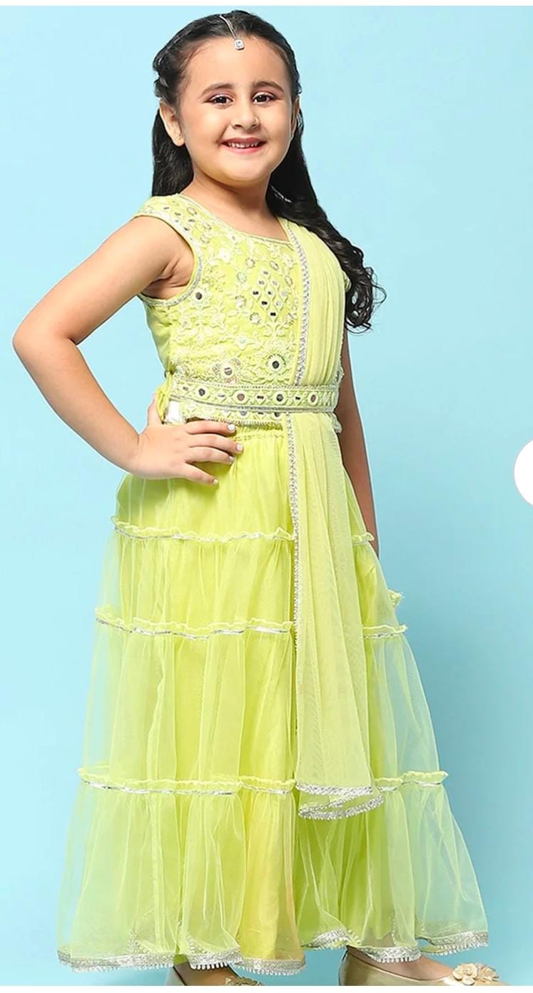 Girls Embroidered Sequinned Ready To Wear Lehenga & Blouse With Dupatta back view and silhouette - Neha Couture Berlin