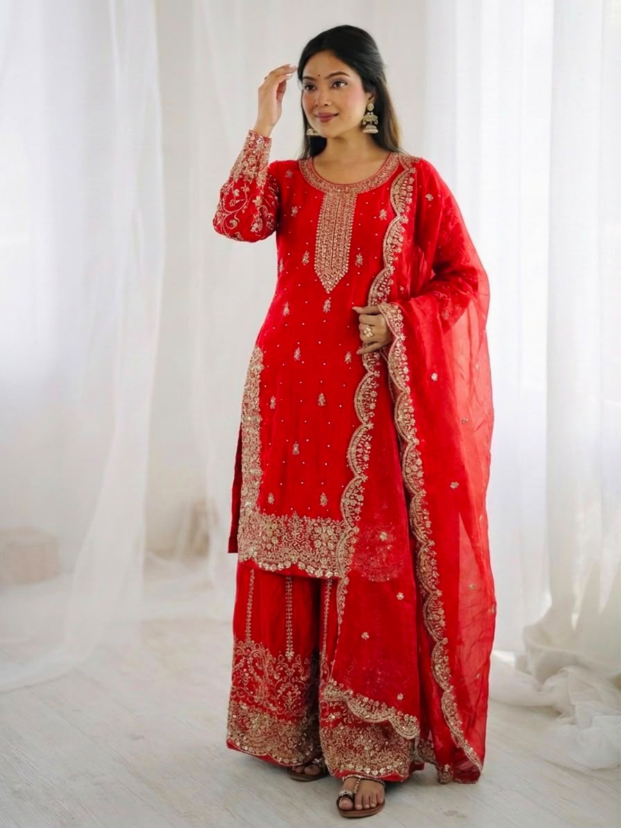 Red Embroidered Kurta with Sharara With Dupatta in Germany