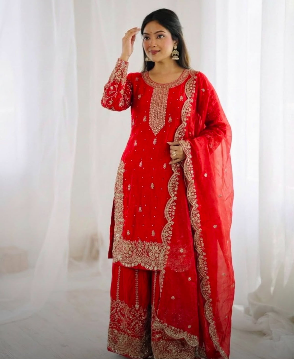 Red Embroidered Kurta with Sharara With Dupatta in Germany