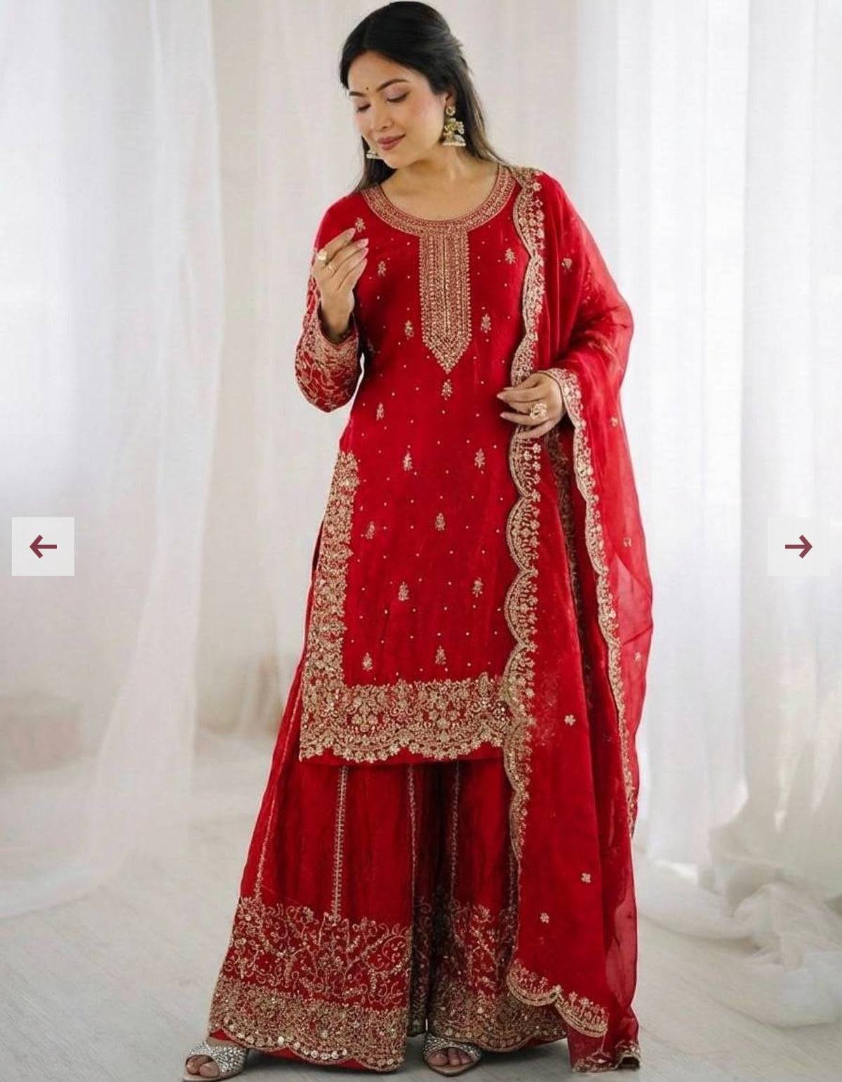 Red Embroidered Kurta with Sharara With Dupatta in Germany