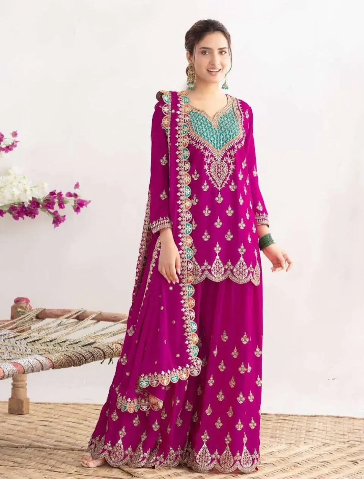 Purple Chinon Silk Embroidered Palazzo Set with Mirror Work Dupatta in Berlin