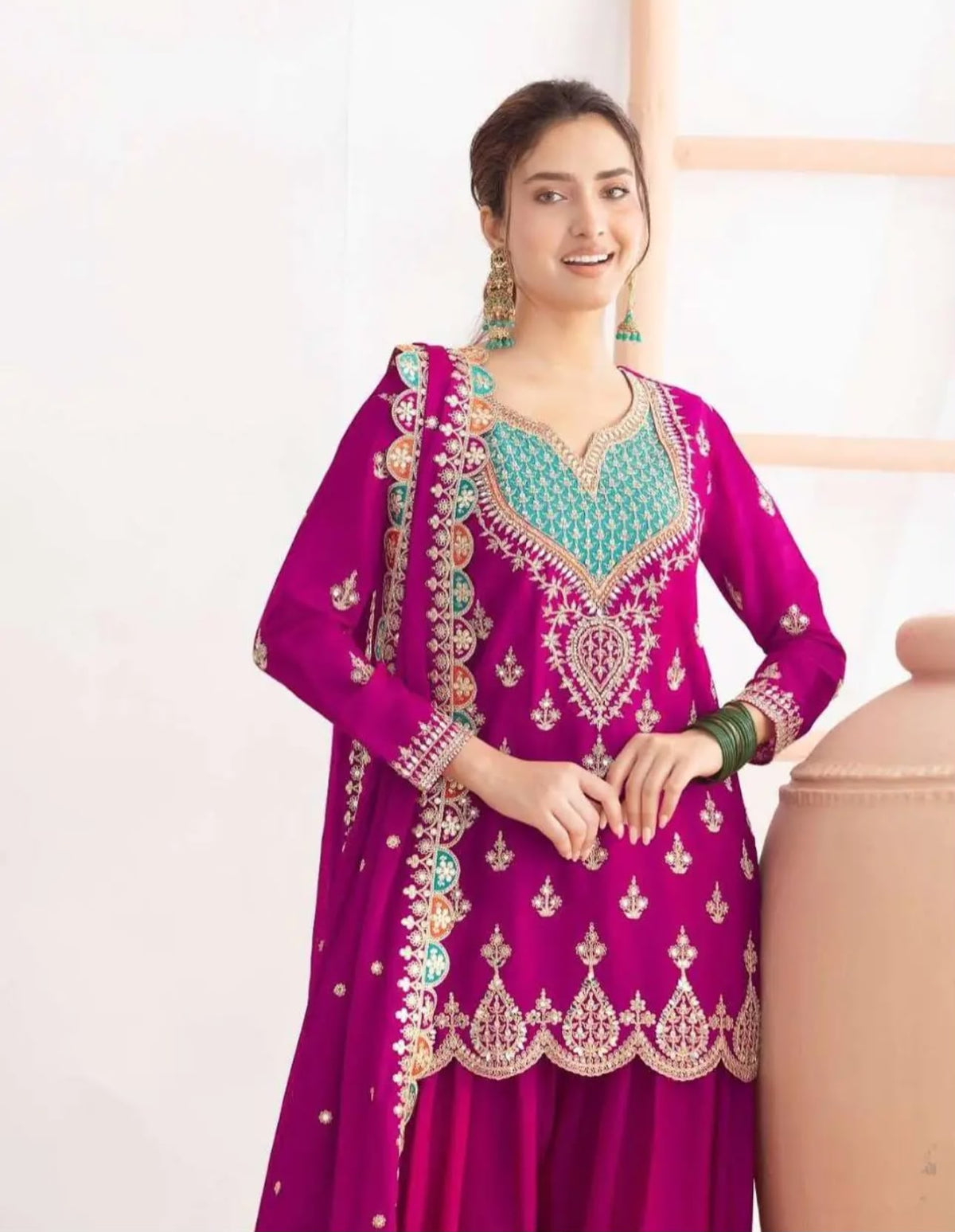 Purple Chinon Silk Embroidered Palazzo Set with Mirror Work Dupatta in Berlin